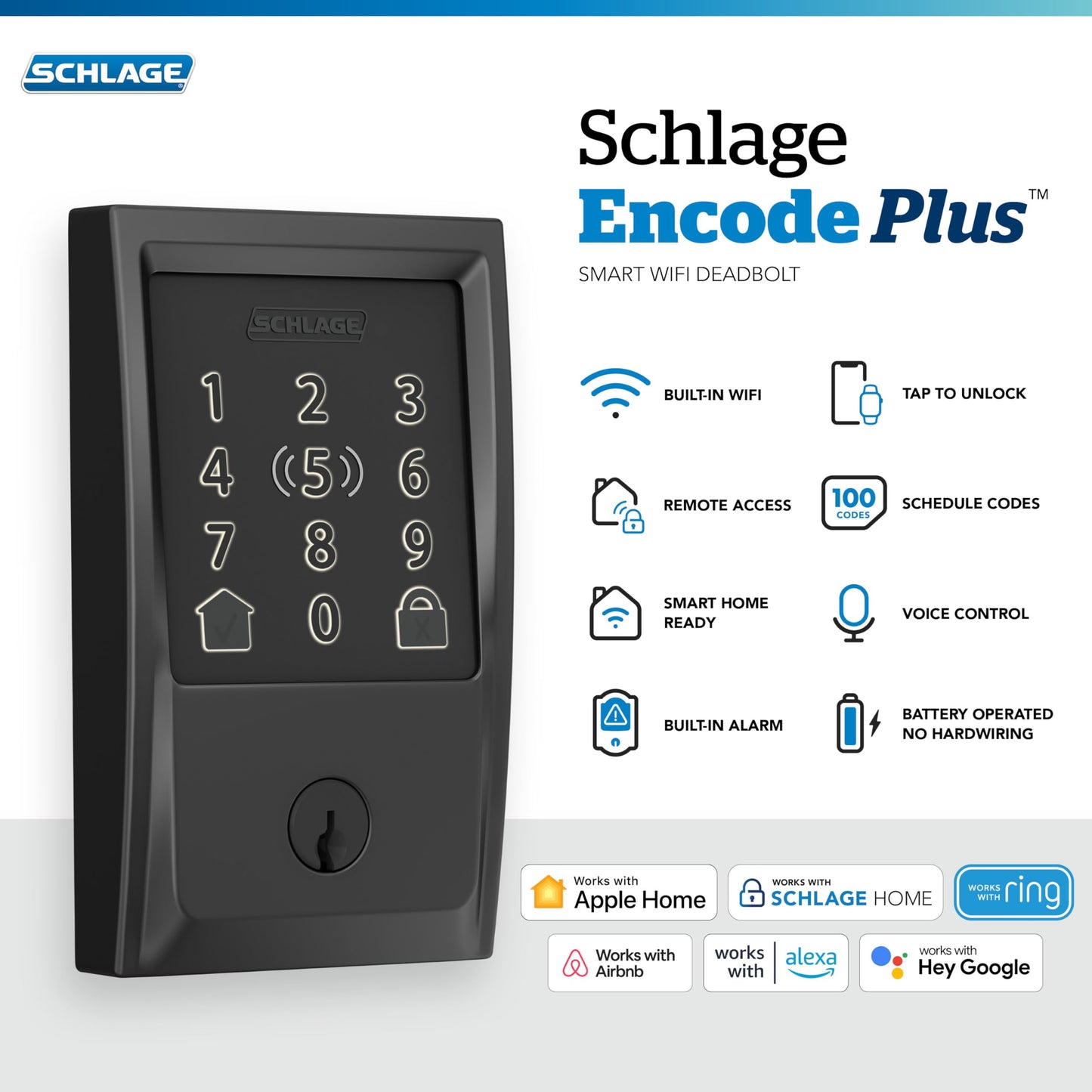 Schlage Encode Plus Smart Wi-Fi Lock for Front Door, Keyless Entry Deadbolt, Unlock with Apple Watch, Built-in WiFi